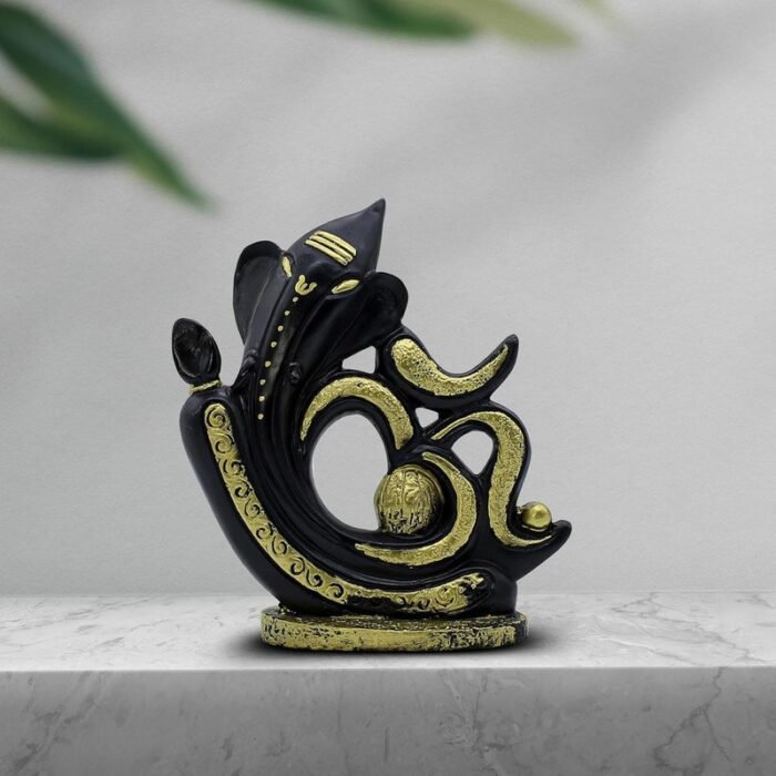 Black & Gold Resin LordGanesha Statue with OM Script  Decorative Puja Room & Home Temple Idol, Spiritual Showpiece for Diwali, Ganesh Chaturthi & Good Luck Gift