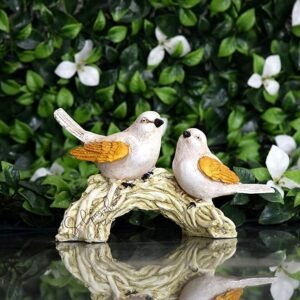 Adorable Bird Figurines on Branch - White and Gold Decorative Statue for Home and Garden