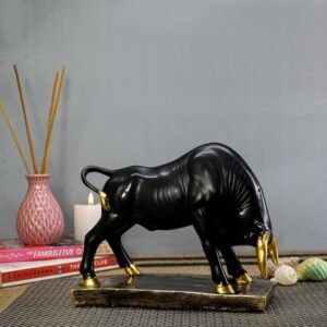 Black Bull Statue with Golden Accents - Decorative Figurine for Home and Office
