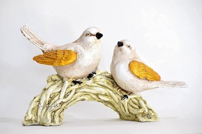Adorable Bird Figurines on Branch - White and Gold Decorative Statue for Home and Garden - Image 2