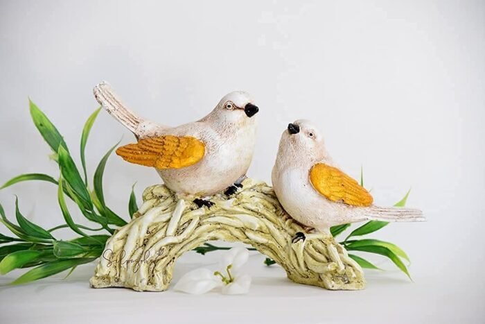 Adorable Bird Figurines on Branch - White and Gold Decorative Statue for Home and Garden - Image 3