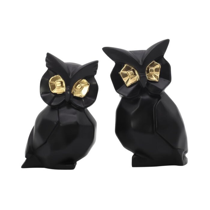 Modern Black Owl Figurine Duo - Gold-Eyed Sculptural Home Decor - Image 3