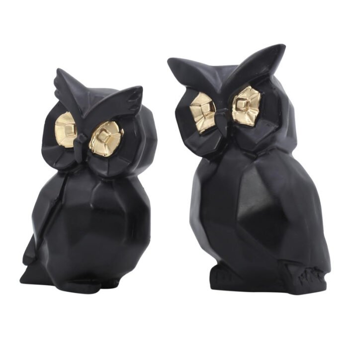 Modern Black Owl Figurine Duo - Gold-Eyed Sculptural Home Decor - Image 4